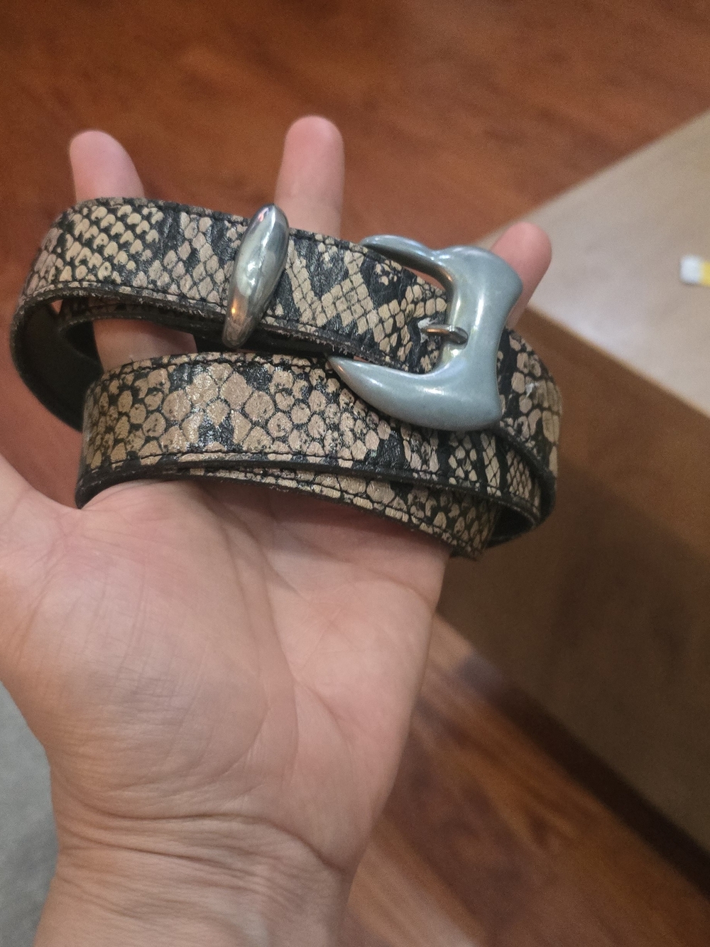 Vintage Snakeskin Print Genuine Leather Belt with Silver Buckle & Tip - Size SM